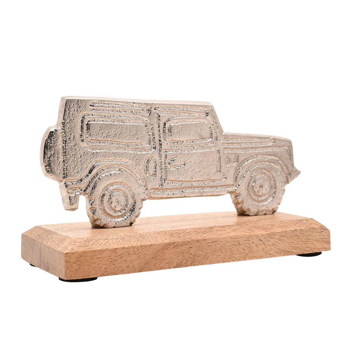 Silver metal 4x4 vehicle figurine with flat silhouette design, etched window and door details, mounted on a rectangular wood base.