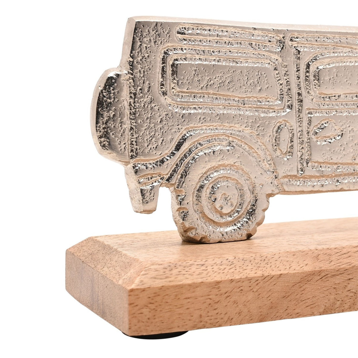 Close-up of the 4x4 Vehicle Metal Figurine in textured silver finish with engraved windows and wheel detail, mounted on a natural wood base against a white background.