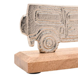 Close-up of the 4x4 Vehicle Metal Figurine in textured silver finish with engraved windows and wheel detail, mounted on a natural wood base against a white background.