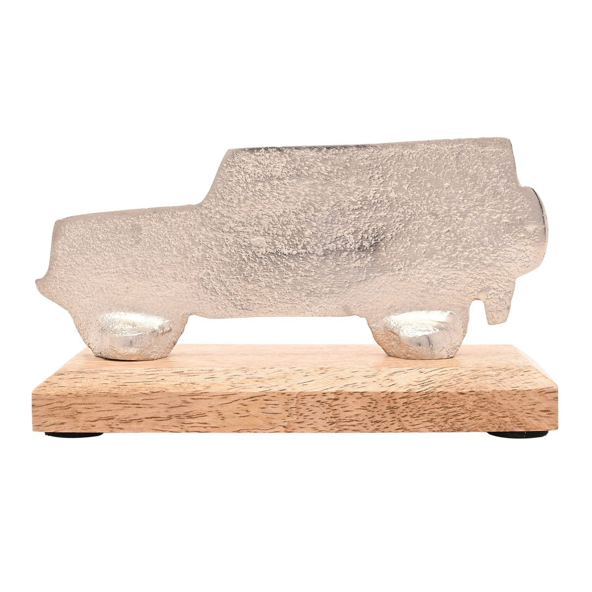 4X4 Vehicle Metal Figurine in silver with a flat, textured silhouette design, mounted on a rectangular natural wood base against a plain white background.
