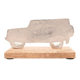 4X4 Vehicle Metal Figurine in silver with a flat, textured silhouette design, mounted on a rectangular natural wood base against a plain white background.