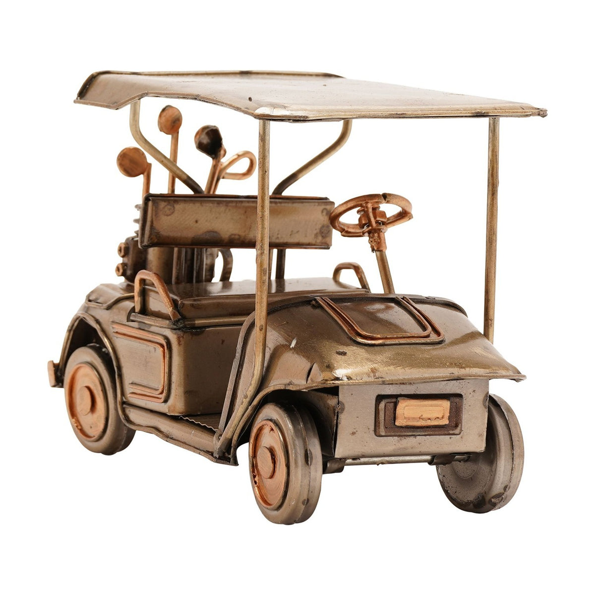 Golf Buggy Metal Figurine with Canopy and Clubs - Bronze