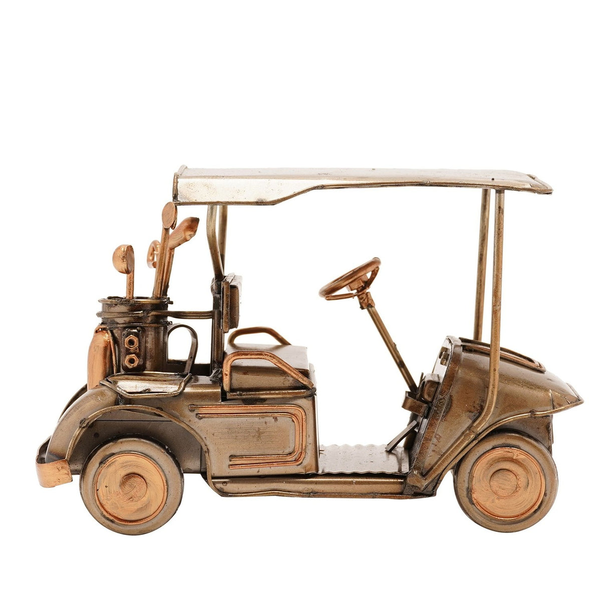 Golf Buggy Metal Figurine with Canopy and Clubs - Bronze