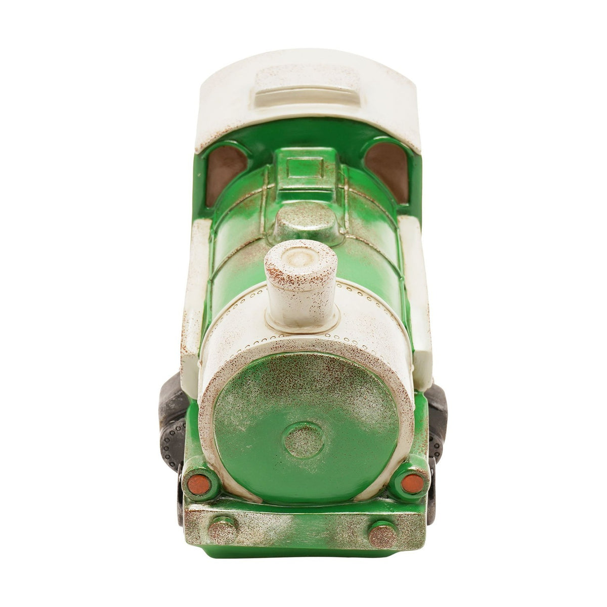 Front view of the green Steam Train Table Lamp with cream boiler and cab roof, weathered finish, rivet detailing, black wheels, silver coupling rods, and red buffers on a white background.