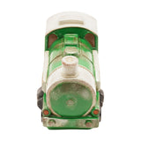 Front view of the green Steam Train Table Lamp with cream boiler and cab roof, weathered finish, rivet detailing, black wheels, silver coupling rods, and red buffers on a white background.