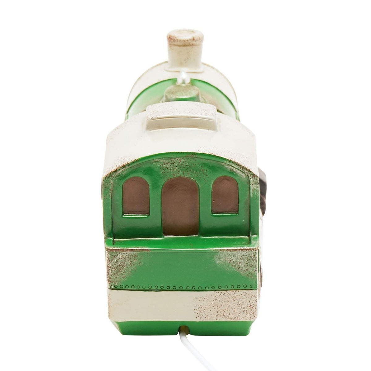 Rear view of the Steam Train Table Lamp in green with cream panels, speckled weathering, and arched cab windows, shown on a plain white background.