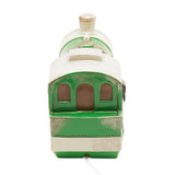 Rear view of the Steam Train Table Lamp in green with cream panels, speckled weathering, and arched cab windows, shown on a plain white background.