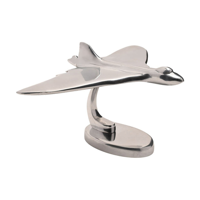 Vulcan Delta Wing Model Aircraft Ornament in polished silver finish, 15cm, with swept wings, tail fin and raised cockpit on a curved stem base, shown on a plain white background.