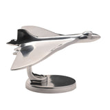 Silver Vulcan Delta Wing model aircraft ornament, 15cm, with swept wings and tall tail fin, mounted on a curved stem and oval base.
