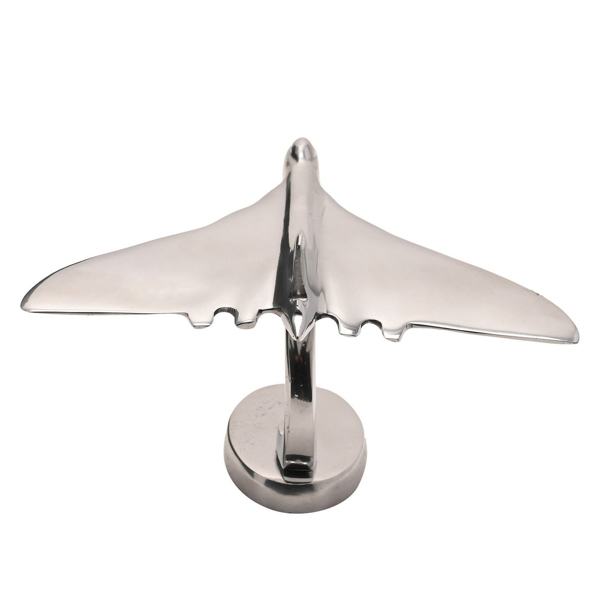 Vulcan Delta Wing Model Aircraft Ornament in polished silver finish, shown from above on a round base with swept wings, tail fin, and curved support stem, plain white background.