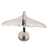 Vulcan Delta Wing Model Aircraft Ornament in polished silver finish, shown from above on a round base with swept wings, tail fin, and curved support stem, plain white background.