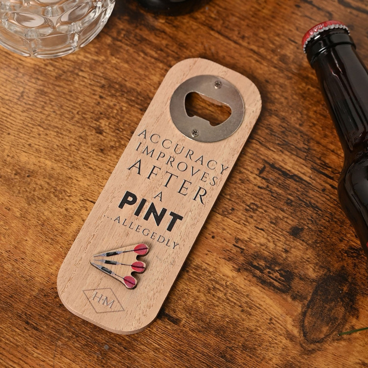 Darts Magnetic Wooden Bottle Opener with Slogan - Natural