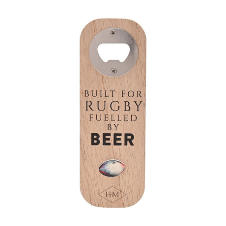 Natural wood magnetic bottle opener with a stainless steel cap lifter, printed "Built for Rugby Fuelled by Beer" text and a small rugby ball emblem, on a plain white background.