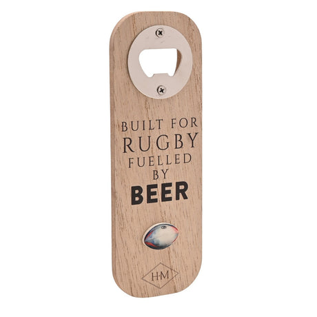 Natural wood magnetic bottle opener with chrome cap catcher, printed "Built for Rugby Fuelled by Beer" text and a small rugby ball emblem, on a plain white background.