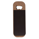 Wooden bottle opener with rounded top, built-in cap lifter, and dark panel on the natural wood face, shown on a plain white background.