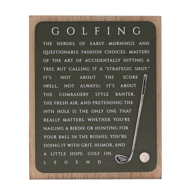 Wooden golf plaque with green panel and natural wood frame, featuring white "Golfing" text and a raised metal club with ball, on a plain background.