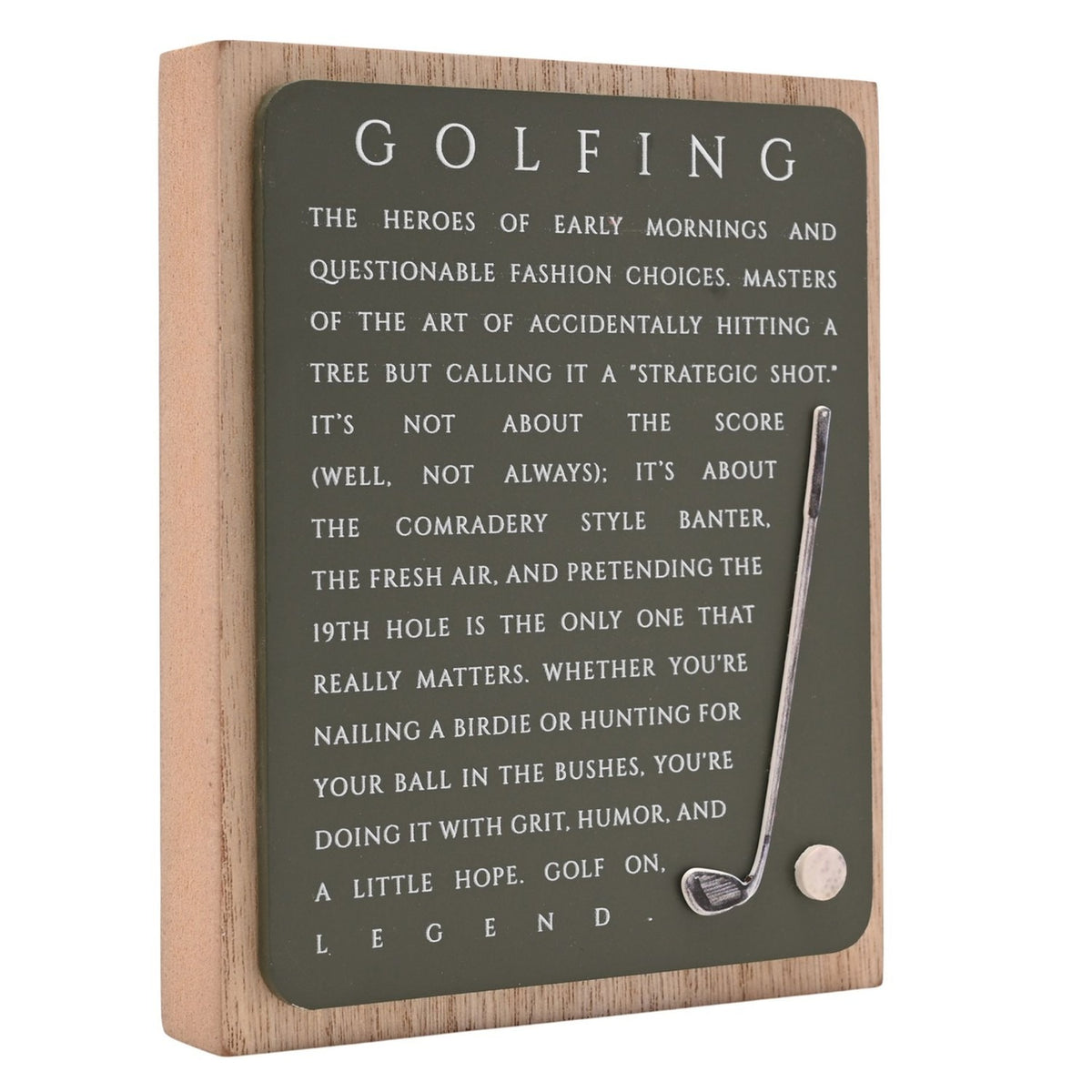 Golf wooden plaque with a green panel on a natural wood block, featuring white "Golfing" text and a raised golf club and ball, shown on a plain white background.