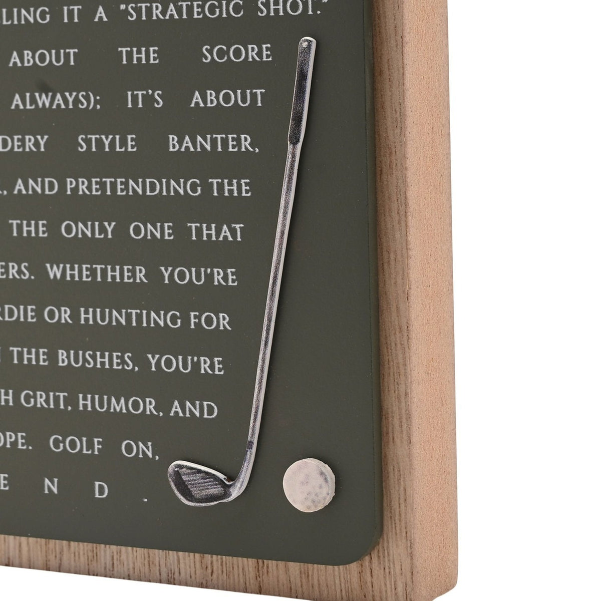 Close-up of the Golf Wooden Plaque, a green panel on natural wood with white text, featuring a raised metal golf club and ball detail.