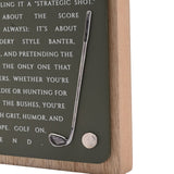 Close-up of the Golf Wooden Plaque, a green panel on natural wood with white text, featuring a raised metal golf club and ball detail.