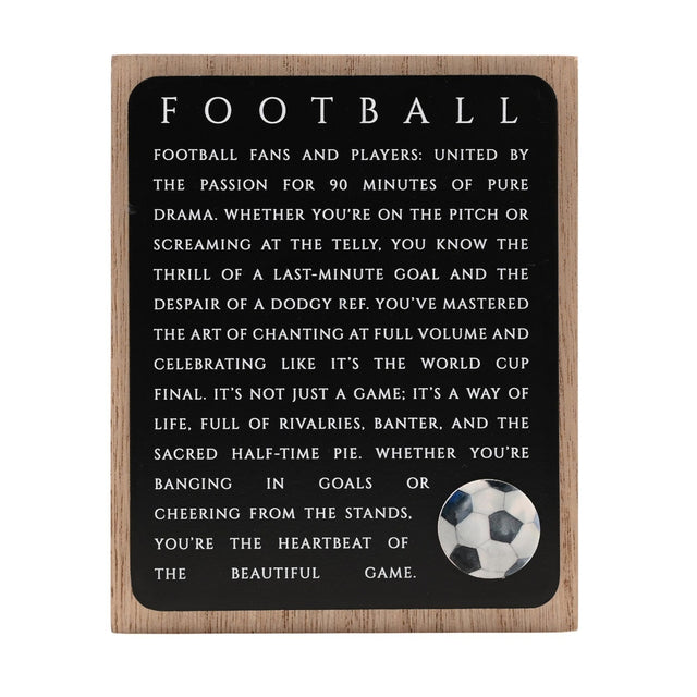Rectangular wooden wall plaque with natural wood border and black panel, "FOOTBALL" text and printed passage in white capitals, plus a football graphic in the lower corner.