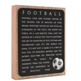 Football wooden wall plaque with natural wood frame and black panel of printed text, featuring a round football motif in the lower corner, on a white background.