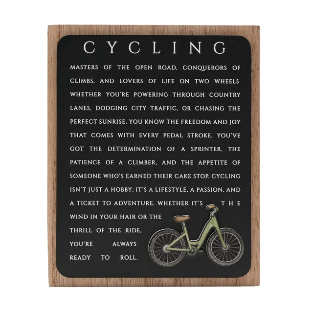 Cycling Wooden Plaque with Green Bicycle, a rectangular wall art sign in black and natural wood finish featuring white cycling-themed text, shown on a plain white background.