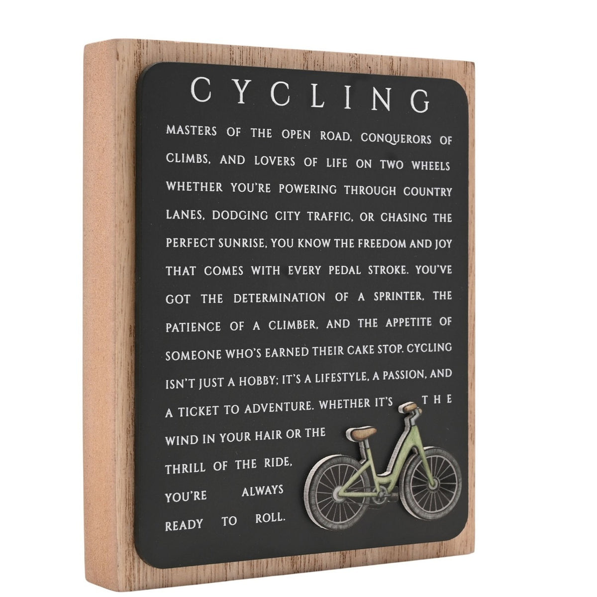 Cycling Wooden Plaque with Green Bicycle in Black & Natural, featuring white cycling-themed text on a black panel set within a natural wood frame, shown on a plain white background.