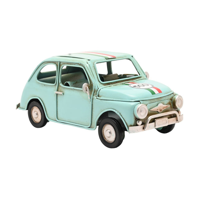 Classic Car Ornament metal figurine in pale aqua blue with rounded bodywork, curved roof, tricolour stripe and 500 badge, shown on a plain white background.