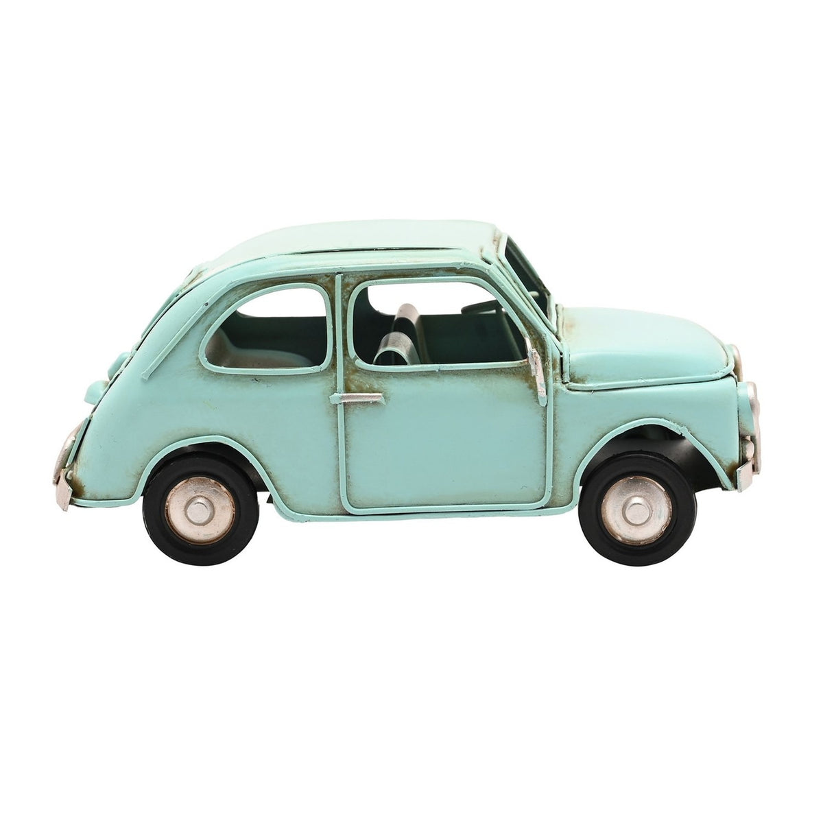 Classic car ornament metal figurine in pale aqua blue with rounded bodywork, curved roof, round headlamps and weathered seams, shown on a plain white background.