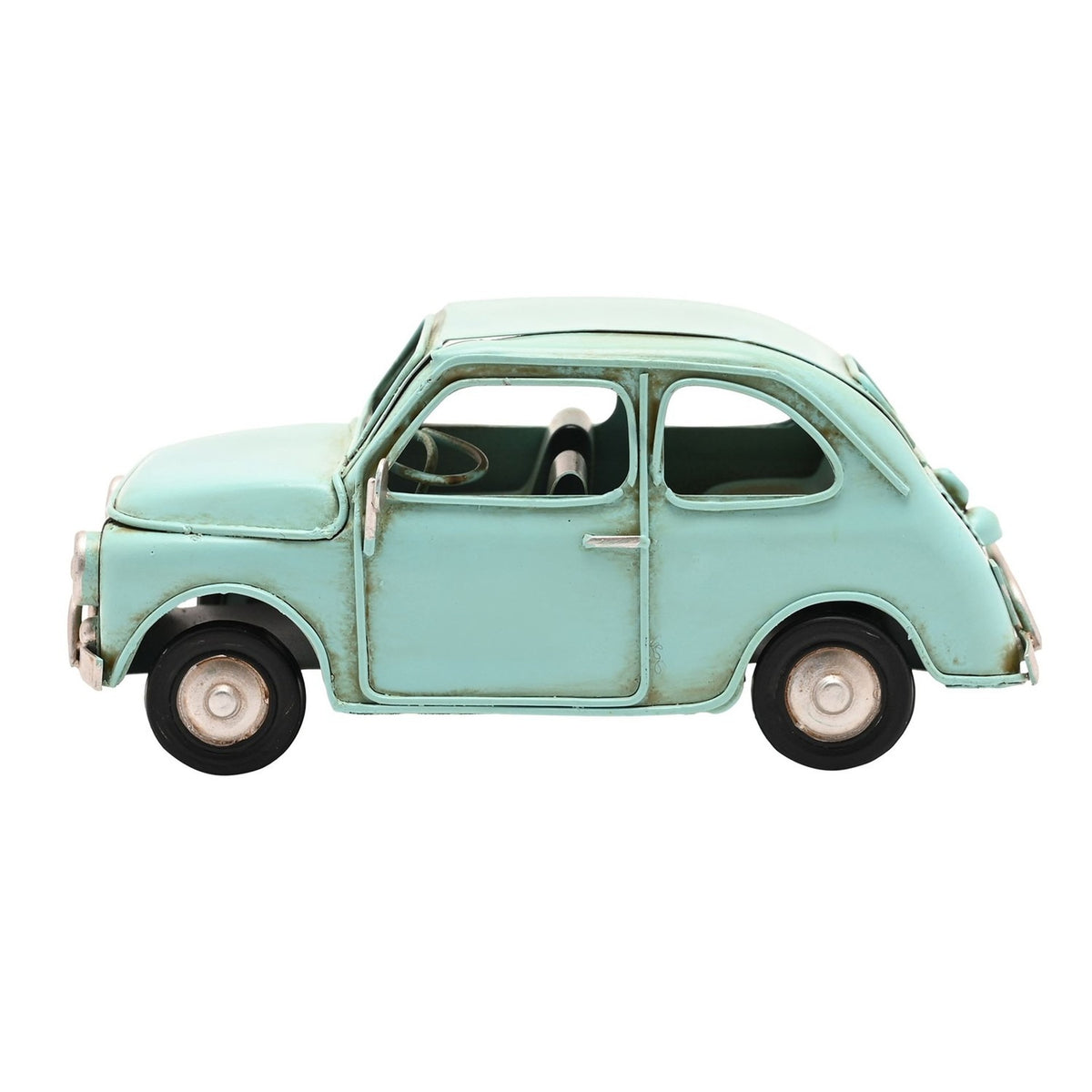 Classic Car Ornament metal figurine in pale aqua blue, side view showing rounded bodywork, curved roof, round headlamps and black wheels, shown on a plain white background.