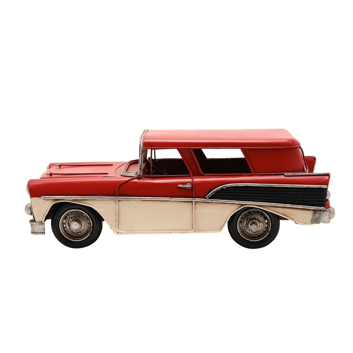 Retro Estate Car metal figurine, red with cream lower panels, tail fins, silver bumpers, grille and hubcaps, shown side-on against a plain white background.
