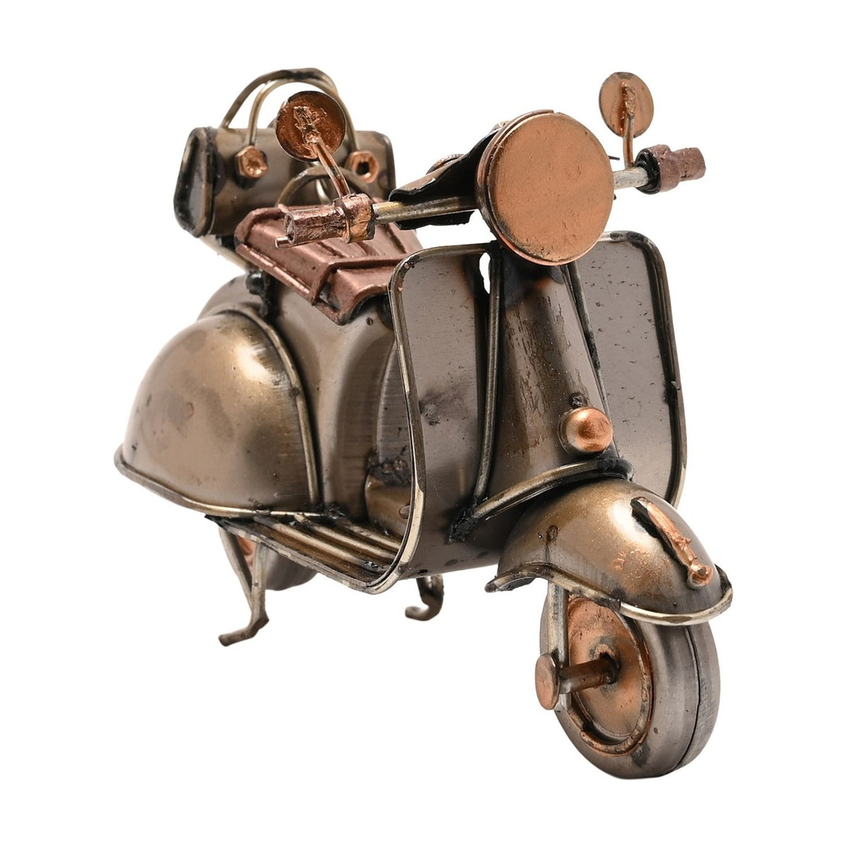 Retro Scooter Metal Ornament Figurine in antique bronze and copper, featuring a curved body, round headlamp, twin mirrors and copper seat, shown on a plain white background.