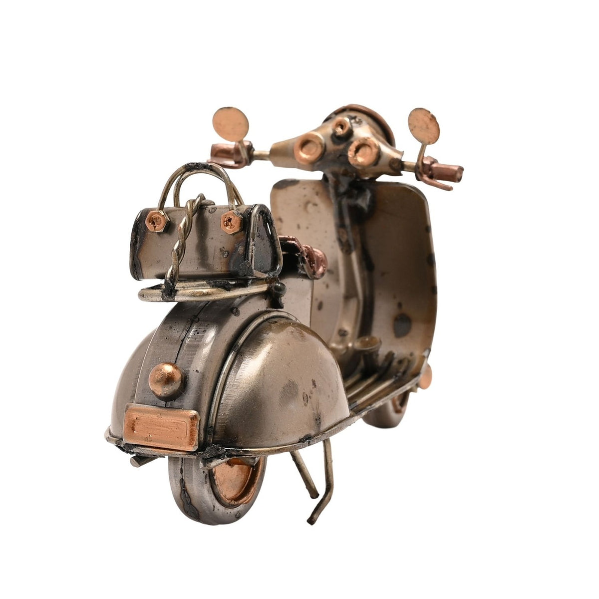 Retro Scooter Metal Ornament Figurine in bronze and copper finish, with handlebar mirrors, round headlamp, front luggage box and kickstand, on a plain white background.