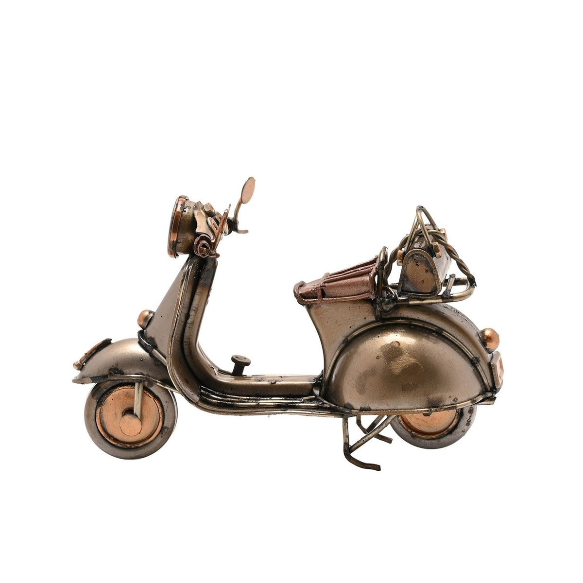Retro Scooter Metal Ornament Figurine in antique bronze with copper headlamp, mirrors and seat detail, shown side-on against a plain white background.