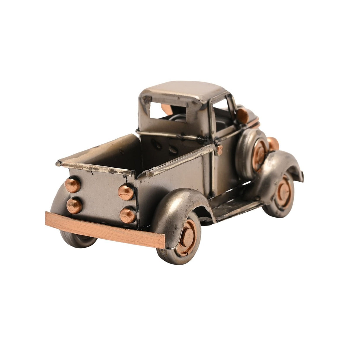 Vintage Pickup Truck Metal Ornament Figurine in silver with copper-tone grille, headlamps and hubcaps, featuring an open bed, rounded cab and running boards, shown on a plain white background.