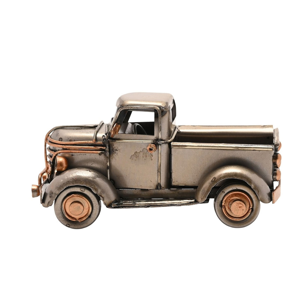 Vintage Pickup Truck Metal Ornament Figurine in silver with copper-tone grille, headlamps and hubcaps, shown in side profile on a plain white background.