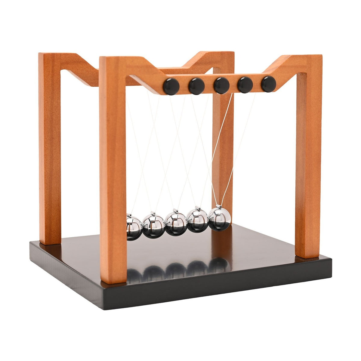Wooden Newton's Cradle with a brown matt-finish frame, black base, and five silver balls strung on clear threads, shown on a plain white background.