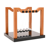 Wooden Newton's Cradle with a brown matt-finish frame, black base, and five silver balls strung on clear threads, shown on a plain white background.