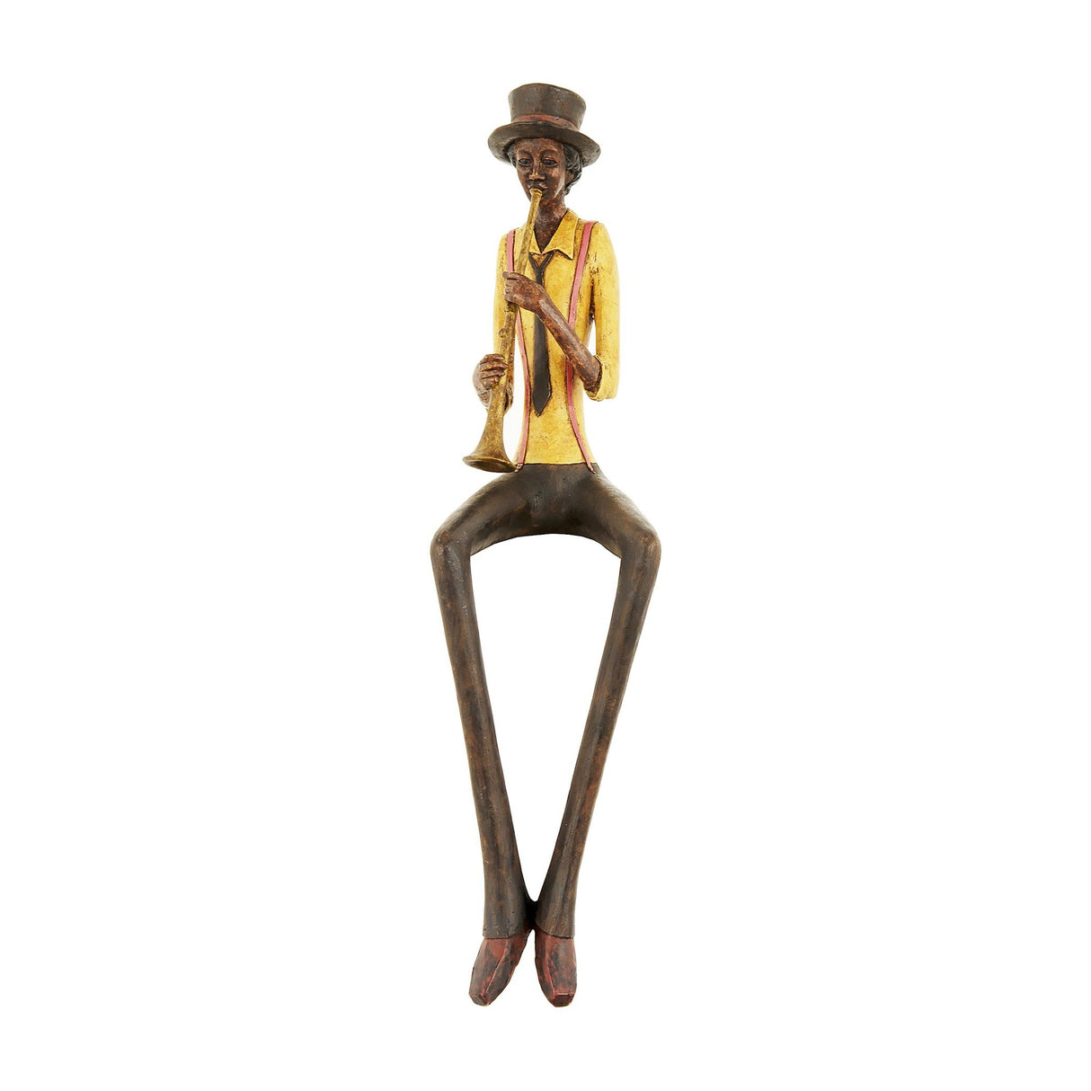 Hill Interiors Sitting Trumpeter Figurine in brown resin, seated with long legs, yellow jacket, top hat and raised trumpet, on a white background.