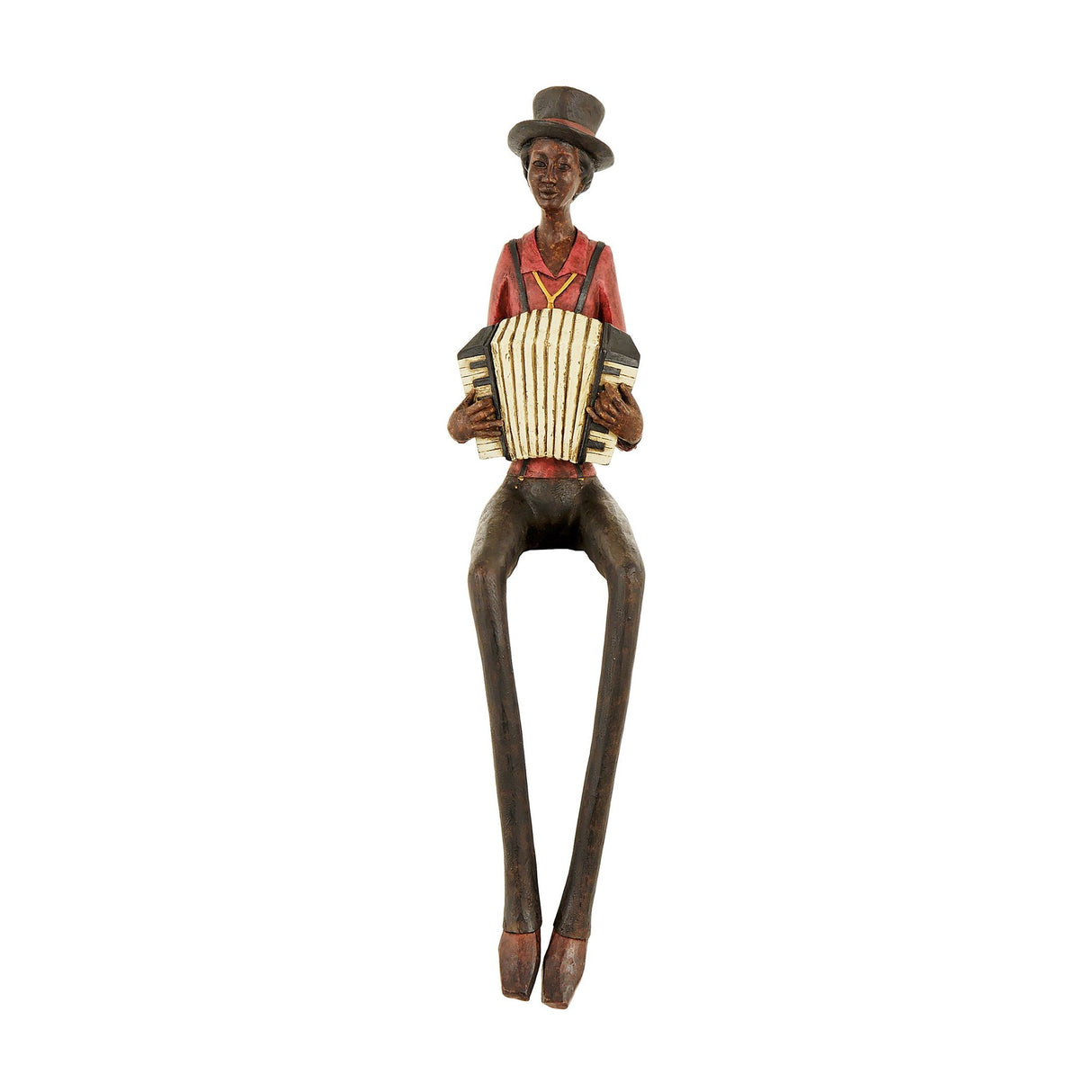 Hill Interiors Sitting Musician with Squeeze Box Figurine in brown resin, seated with long dangling legs, red top, hat and accordion, on a white background.