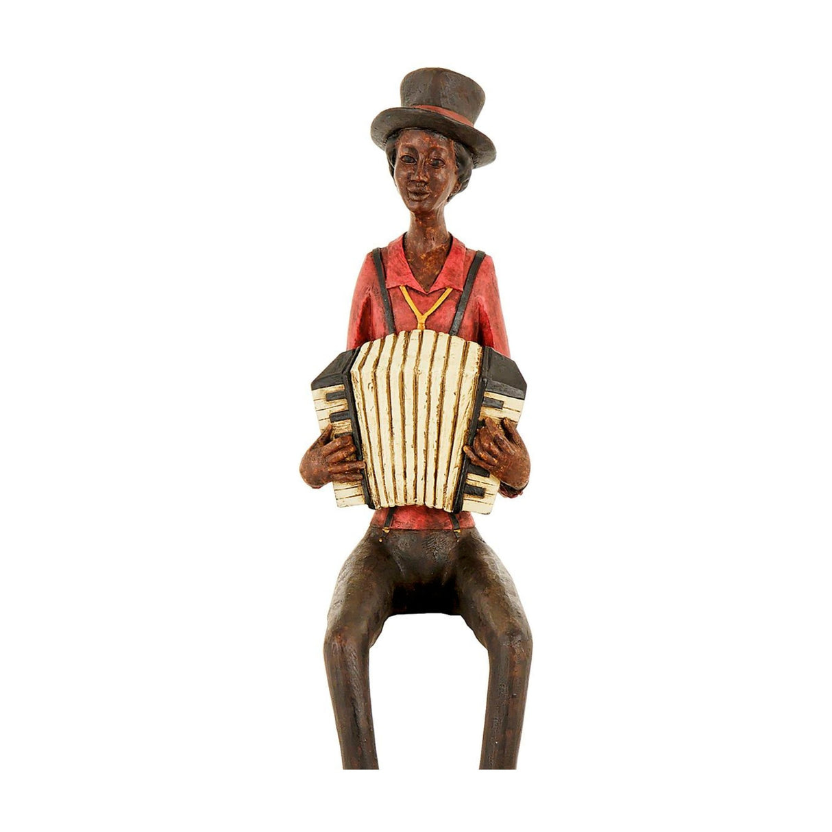 Hill Interiors Sitting Musician with Squeeze Box resin figurine in brown, wearing a top hat and red shirt, playing an accordion on a plain background.