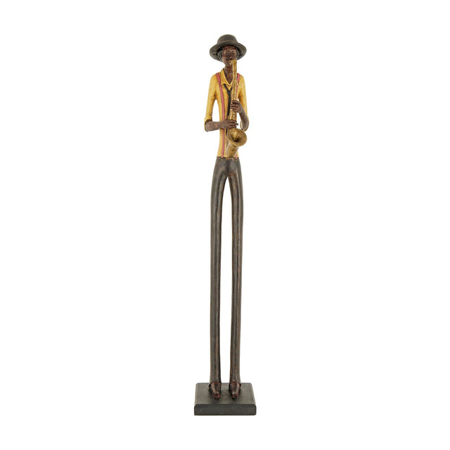 Hill Interiors Standing Saxophonist Figurine in brown resin, tall slim jazz musician with yellow shirt and hat on a square base, plain white background.