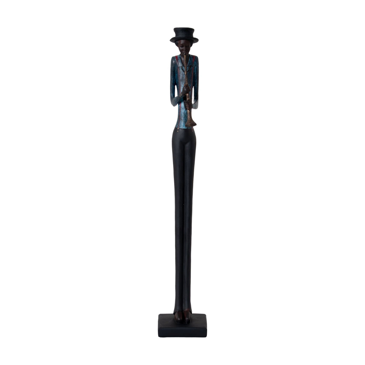 Hill Interiors Standing Trumpeter Figurine in resin, elongated musician with top hat, blue jacket and slim black trousers on a square base.