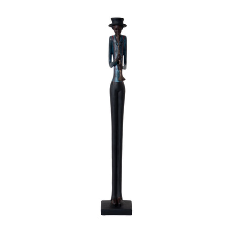 Hill Interiors Standing Trumpeter Figurine in resin, elongated musician with top hat, blue jacket and slim black trousers on a square base.