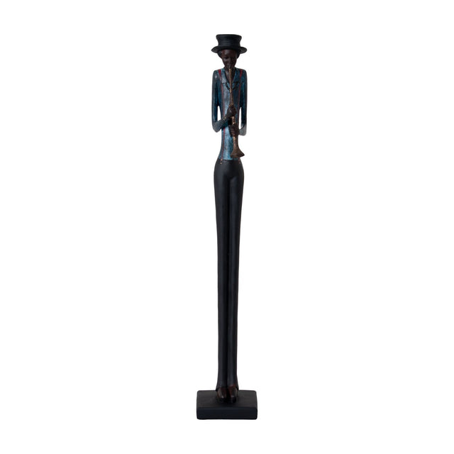 Hill Interiors Standing Trumpeter Figurine in resin, elongated musician with top hat, blue jacket and slim black trousers on a square base.