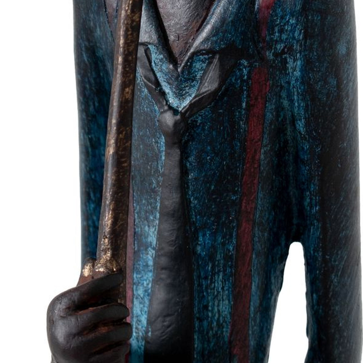 Close-up of the Hill Interiors Standing Trumpeter Figurine in resin, showing the blue-toned jacket with red detailing and hand gripping the trumpet.