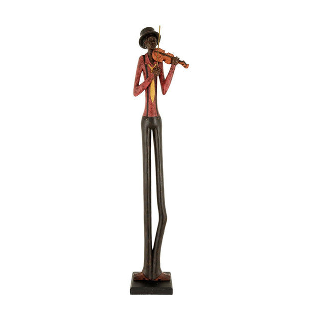 Hill Interiors Standing Violinist Figurine in resin, tall slim musician in top hat and red shirt playing violin, brown trousers on square base.