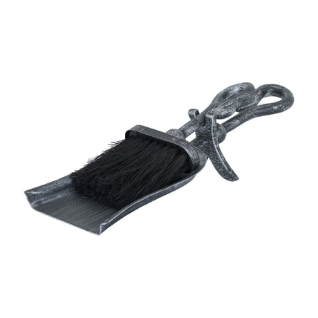 Hill Interiors Brushed Steel Crook Top Hearth Tidy shovel and brush with silver crook handles and black bristles on a plain white background.