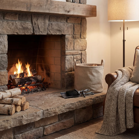 Brushed steel shovel and brush from Hill Interiors crook top hearth tidy set resting on a stone hearth beside a lit fire and log pile.