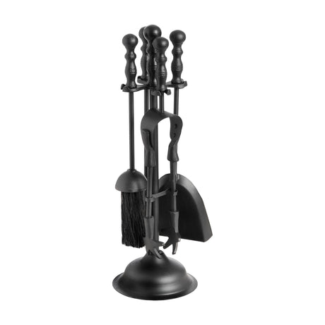 Hill Interiors Ball-Topped Fireside Companion Set in black metal with poker, brush, shovel and tongs on a round-base upright stand, on white.